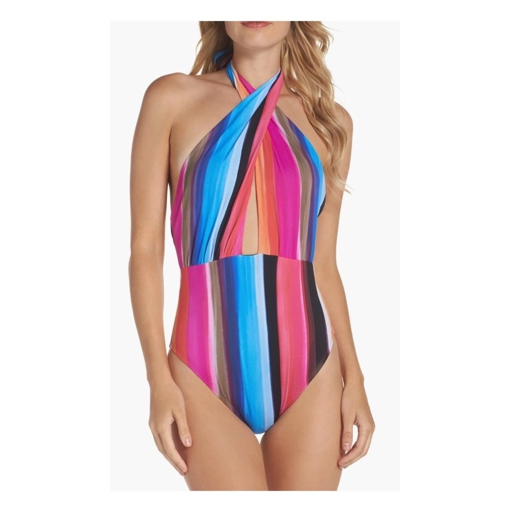 La Blanca L26116 Over The Horizon Plunge One Piece Swimsuit Multi Stripe Size 12